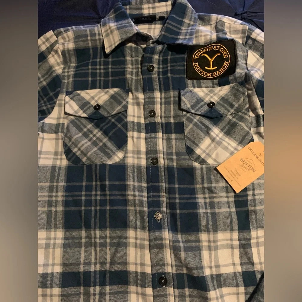 Yellowstone XS Blue and White plaid Button Down Dutton Ranch Embroidered Patch - Picture 3 of 7